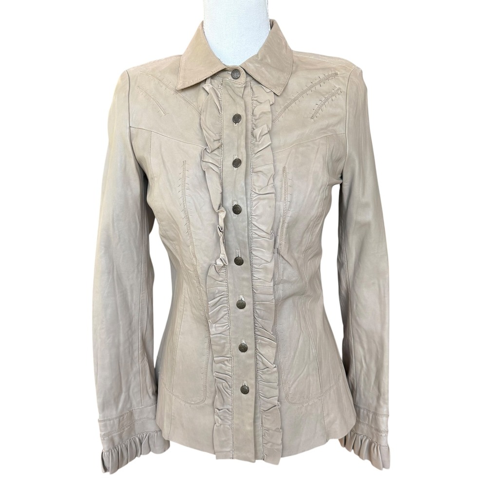 Cache Womens XS Tan Lambskin Leather Western Ruffle Whipstitch Jacket Beige